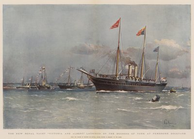 Den nye kongelige yacht Victoria og Albert, søsat af hertuginden af York på Pembroke Dockyard (chromolitho) af Eduardo de Martino